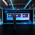 Baidu Futuristic Tech Exhibition Booth With Arched Structure Blue Lighting Background Screen And Person