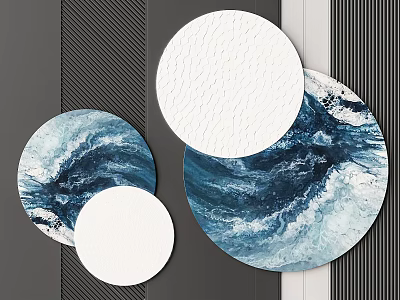 Circular Wall Decor with Blue White Wave Patterns on Gray Striped Wall 3d model