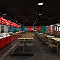 Modern Restaurant Interior With Wooden Tables Chairs Red Green Walls And Pendant Lights