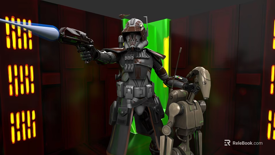 Armored Game Movie Character Holding Blue Lightsaber With Robot And Red Wall Background 3d model 