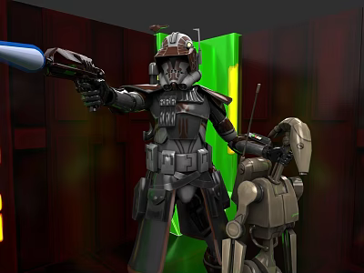 Armored Game Movie Character Holding Blue Lightsaber With Robot And Red Wall Background 3d model