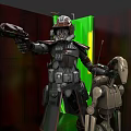 Armored Game Movie Character Holding Blue Lightsaber With Robot And Red Wall Background