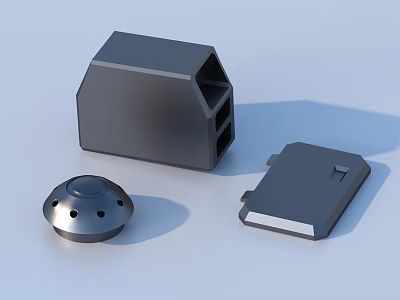 Three Grey Industrial Components Including Metallic Cover And Rectangular Panel 3d model
