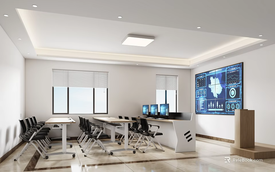 Modern Conference Room Interior With Windows Conference Tables Chairs Computers And Large Data Screen 3d model 