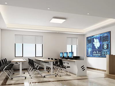 Modern Conference Room Interior With Windows Conference Tables Chairs Computers And Large Data Screen 3d model