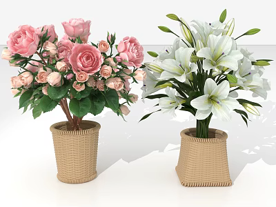 Pink Roses and White Lilies in Woven Basket Vases for Home Decoration 3d model
