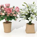 Pink Roses and White Lilies in Woven Basket Vases for Home Decoration