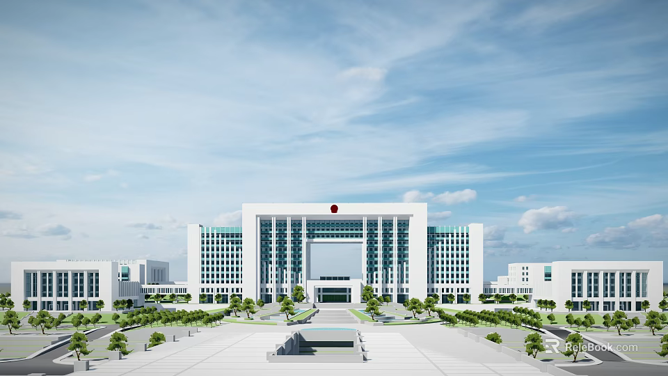 Modern Office Building With White Exterior Red Emblem Symmetrical Design Plaza And Green Plants 3d model 