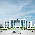 Modern Office Building With White Exterior Red Emblem Symmetrical Design Plaza And Green Plants