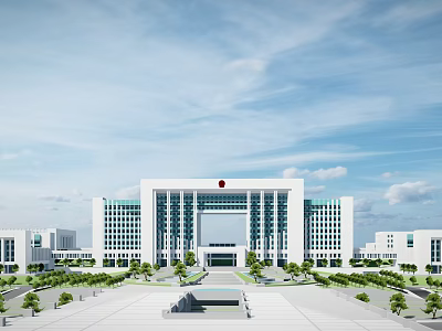 Modern Office Building With White Exterior Red Emblem Symmetrical Design Plaza And Green Plants 3d model
