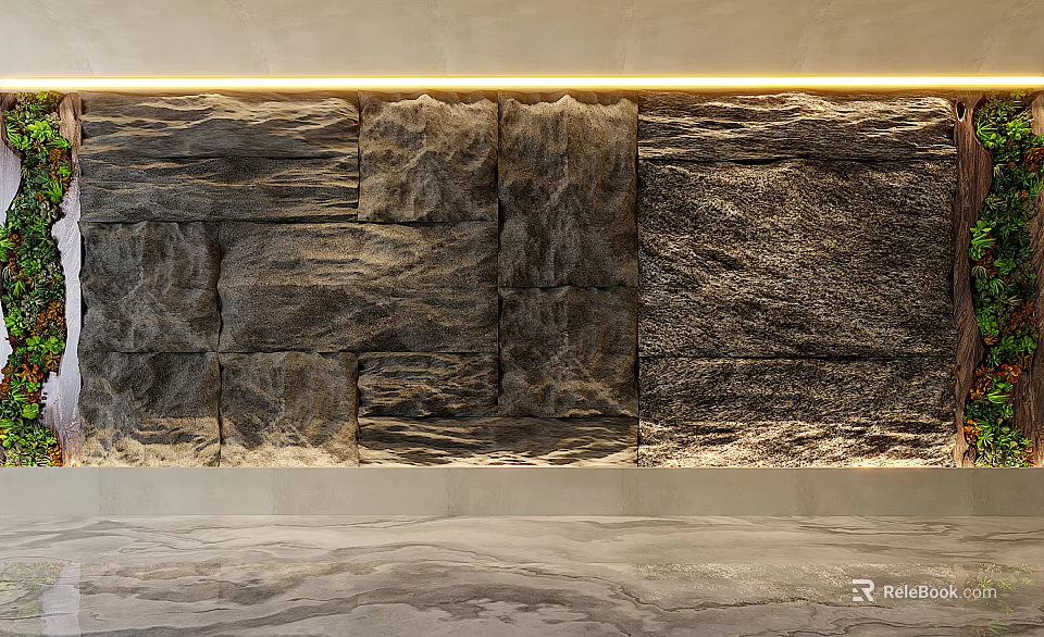 Elegant Textured Stone Background Wall With Ambient LED Strip Lighting 3d model 