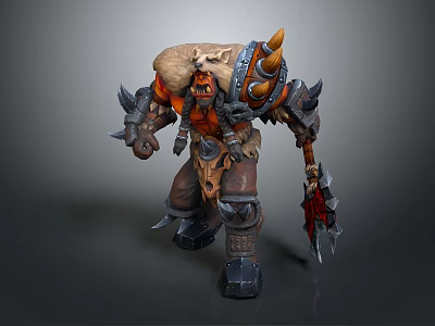 Detailed Fantasy Orc Warrior Character With Horns Muscular Build Fur Armor And Axe 3d model