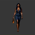 Confident Woman In Blue Fitted Dress Walking With Brown Handbag