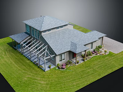 Detached Villa With Gray Roof Glass Covered Porch Green Lawn Flower Bushes And Driveway 3d model