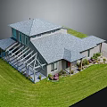 Detached Villa With Gray Roof Glass Covered Porch Green Lawn Flower Bushes And Driveway