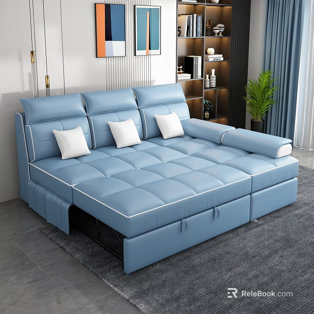Light Blue Convertible Leather Sofa Combo With Hidden Storage For Cozy Contemporary Living Room 3d model 