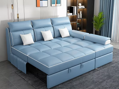 Light Blue Convertible Leather Sofa Combo With Hidden Storage For Cozy Contemporary Living Room 3d model
