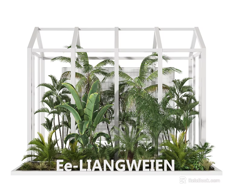 White Frame Greenhouse Structure With Lush Green Plants And Tropical Foliage Inside 3d model 