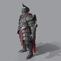 Man Wearing Full Medieval Armor With Spiked Helmet Red Cape and Metal Plates