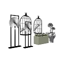 Stylish Decorative Ornament Set with Birdcages Fans Vases and Potted Plants