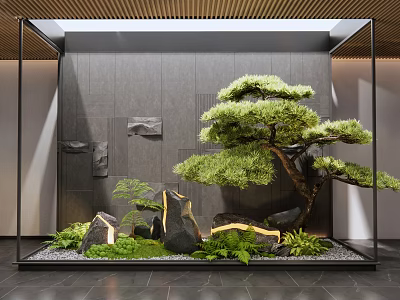 Glass Framed Indoor Landscape Interior Design With Gray Wall Pine Tree And Decorative Stones 3d model