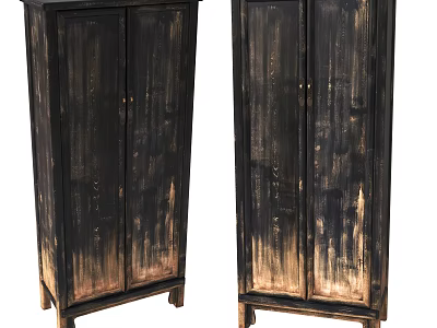 Pair of Black Wooden Decorative Cabinets With Distressed Finish And Doors 3d model