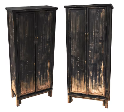 Pair of Black Wooden Decorative Cabinets With Distressed Finish And Doors 3d model