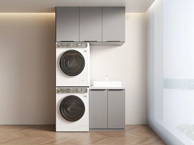 Modern Laundry Room With Stacked Washer Dryer Gray Cabinets And Sink 3d model