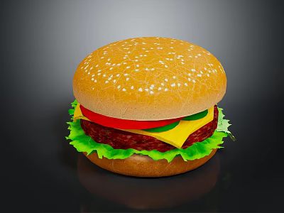 Delicious Juicy Hamburger With Sesame Seed Bun Fresh Lettuce Tomato Cheese And Patty 3d model