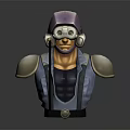 Game Movie Character With Purple Helmet Goggles Blue Vest Shoulder Armor And Suspenders