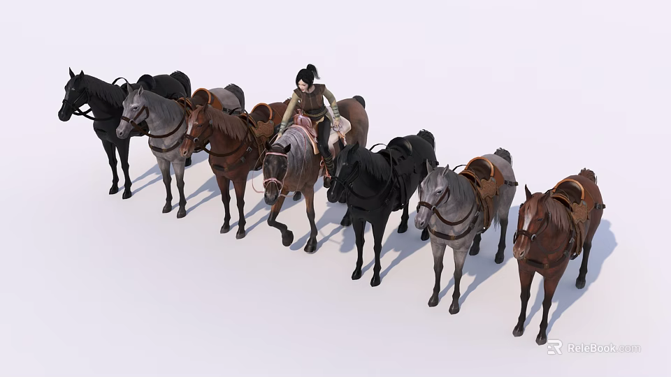 Rider On Horse Leading Group Of Various Colored Horses With Traditional Saddle 3d model 