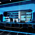 Modern Bar Interior Design With Black Marble Tables And Blue Lighting Ambiance