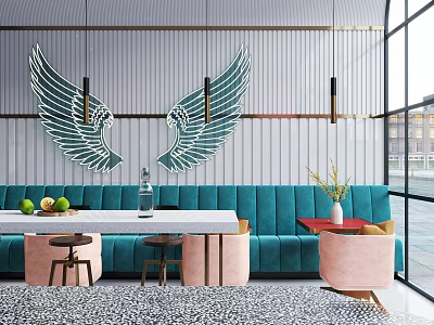 Modern Milk Tea Shop Interior With Wing Decor Teal Sofa And Pink Seats 3d model
