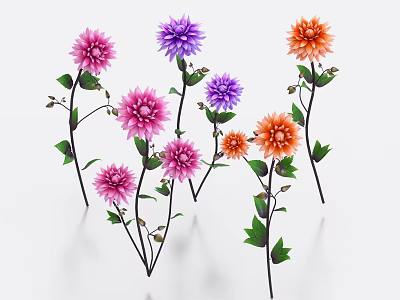 Colorful Pink Purple And Orange Flowers With Green Leaves And Stems 3d model