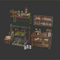 Household Items Display With Wooden Shelves Cabinets Press Machine And Bottles