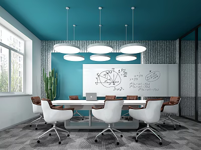 Conference Room With Blue Ceiling Round Pendant Lights Whiteboard Green Plant And White Brown Chairs 3d model