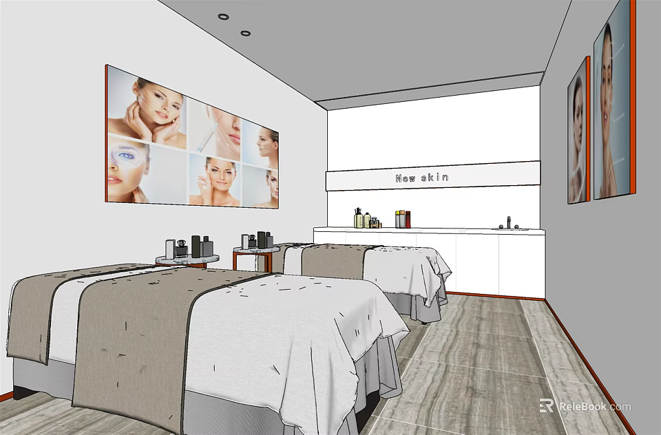 Modern SPA Room Interior Design With Massage Beds Beauty Posters And Skincare Cabinets 3d model 