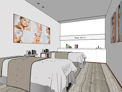 Modern SPA Room Interior Design With Massage Beds Beauty Posters And Skincare Cabinets 3d model