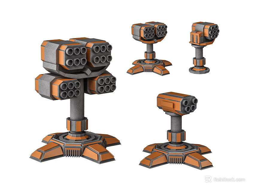 Mechanical Weapon Turrets In Multiple Sizes With Orange Gray Multi barrel Design And Base Structure 3d model 