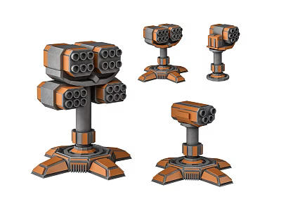 Mechanical Weapon Turrets In Multiple Sizes With Orange Gray Multi barrel Design And Base Structure 3d model