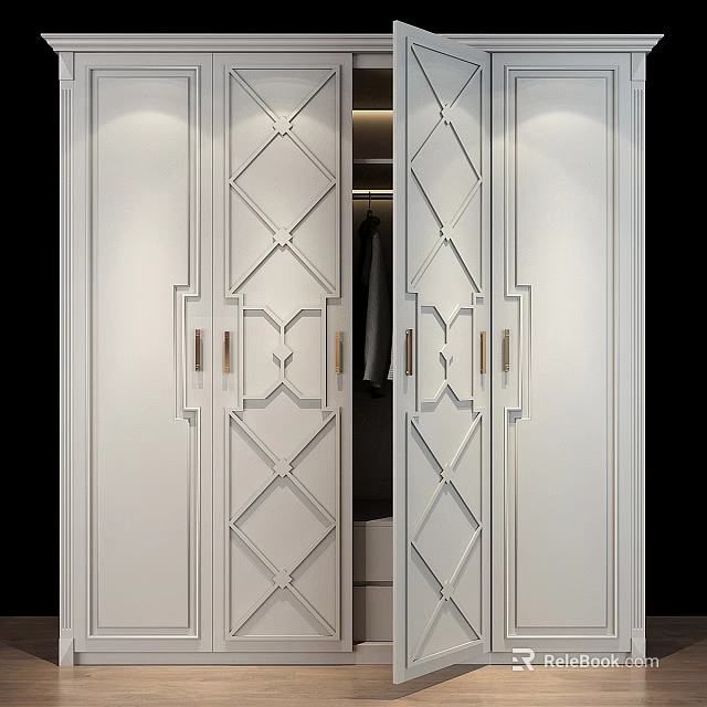 White Wardrobe With Diamond Pattern And Golden Handles Open Door Revealing Clothes Inside 3d model 