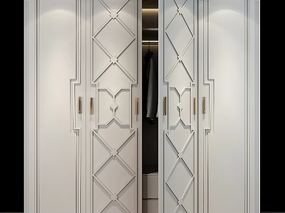White Wardrobe With Diamond Pattern And Golden Handles Open Door Revealing Clothes Inside 3d model