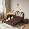 Modern Double Bed With Upholstered Headboard Nightstands Table Lamp Decorative Art And Wall Clock