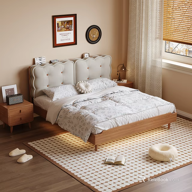 Cozy Double Bed With Tufted Headboard Bedside Tables And Decorative Paintings In Bedroom 3d model 
