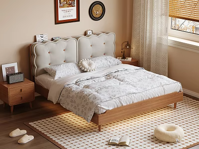 Cozy Double Bed With Tufted Headboard Bedside Tables And Decorative Paintings In Bedroom 3d model