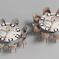 Modern Round Dining Table Set with Marble Top and Light Gray Brown Chairs 3d model
