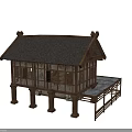 Ancient Traditional Building Featuring Wooden Structure Tile Roof Stone Walls Multiple Views And Interior Details