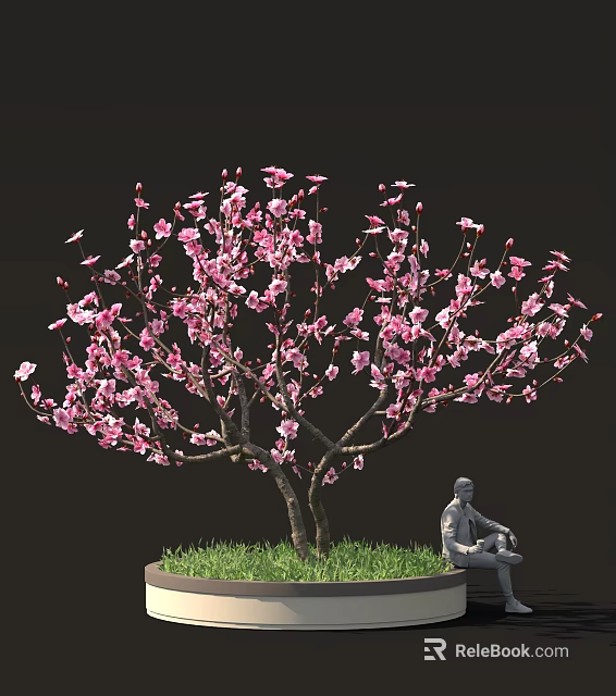 Decorative Pink Flower Tree With Serene Seated Statue On Green Grass 3d model 