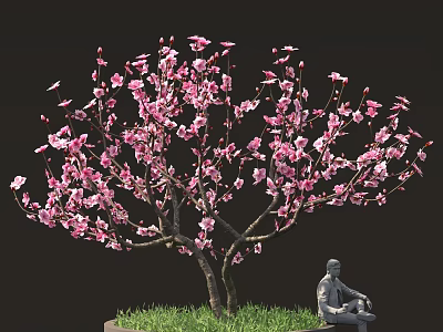 Decorative Pink Flower Tree With Serene Seated Statue On Green Grass 3d model