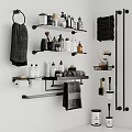 Organized Bathroom Essentials On Black Shelves With Towels Toiletries And Bottles